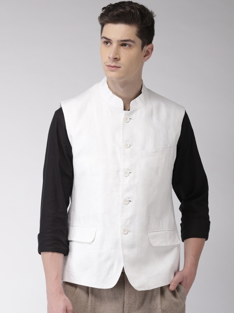 

Arrow Men White Solid Body Tailored Fit Linen Nehru Jacket