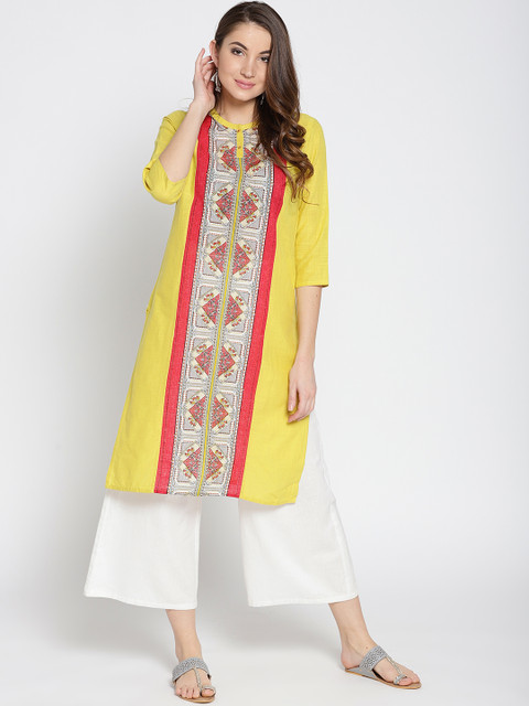 

AURELIA Women Yellow & Red Printed Straight Kurta