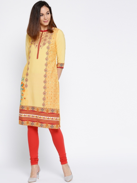 

AURELIA Women Yellow & Maroon Printed Straight Kurta