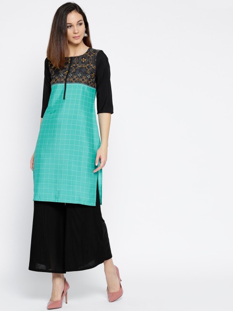 

AURELIA Women Teal Blue & Black Printed Straight Kurta