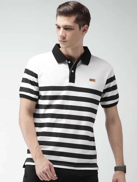 

Celio Men White & Black Striped Polo Collar T-shirt