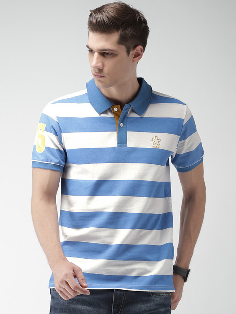 

Celio Men White & Blue Striped Polo Collar T-shirt
