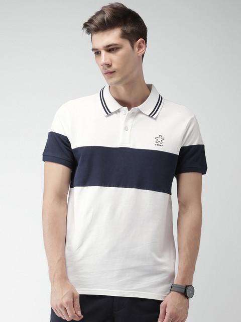 

Celio Men White & Navy Colourblocked Polo Collar T-shirt