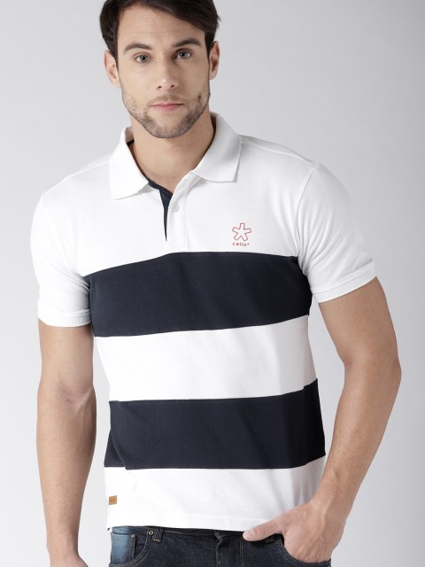 

Celio Men Navy & White Striped Polo Collar T-shirt, Navy blue