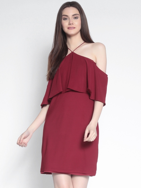 

Marie Claire Women Maroon Off Shoulder Solid Sheath Dress