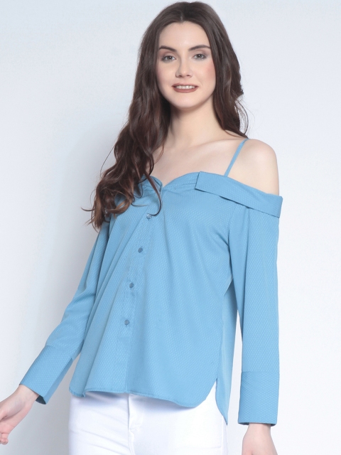 

Marie Claire Women Blue Self Design Cold Shoulder Shirt Style Pure Cotton Top