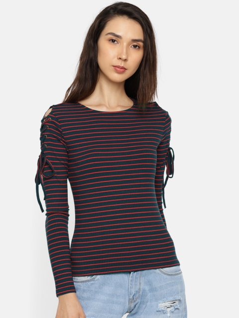 

ONLY Women Navy Blue & Red Striped Top