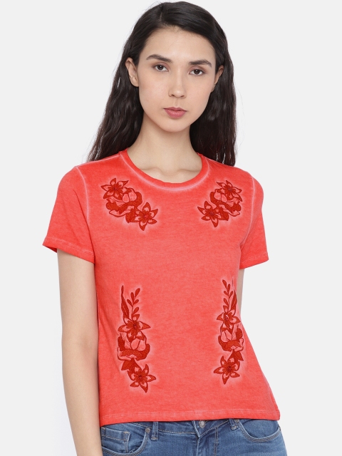 

ONLY Women Red Self Design Round Neck T-shirt