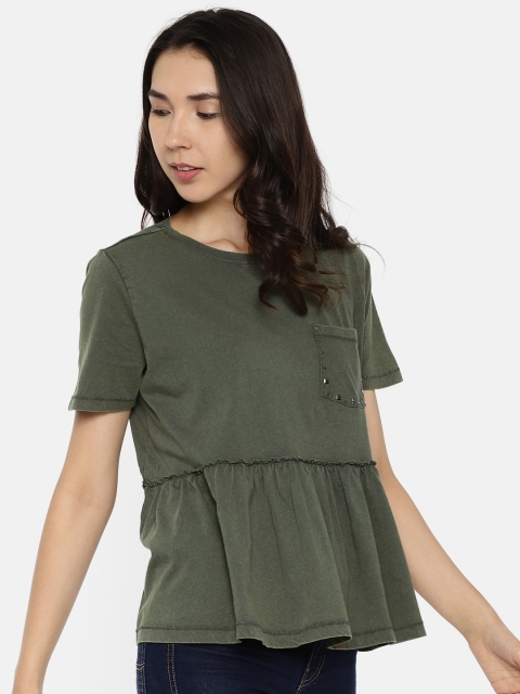 

ONLY Women Olive Green Solid Pure Cotton Top