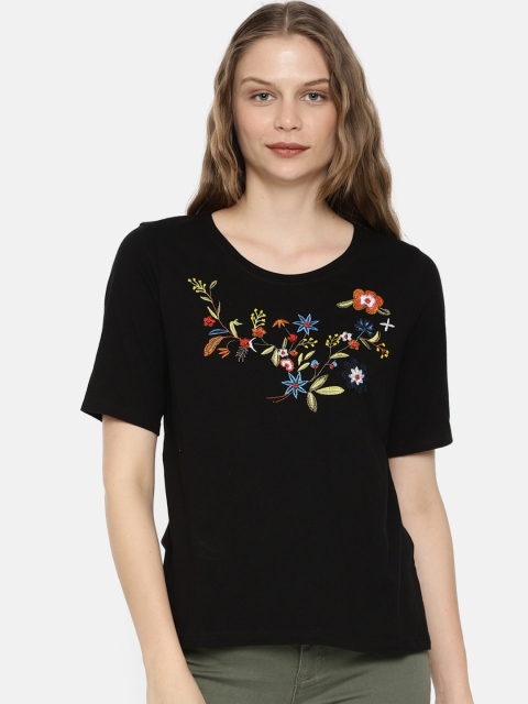 

ONLY Women Black Self Design Round Neck T-shirt