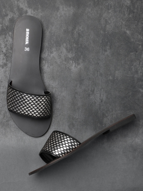 

Anouk Women Black & Silver-Toned Patterned Open Toe Flats