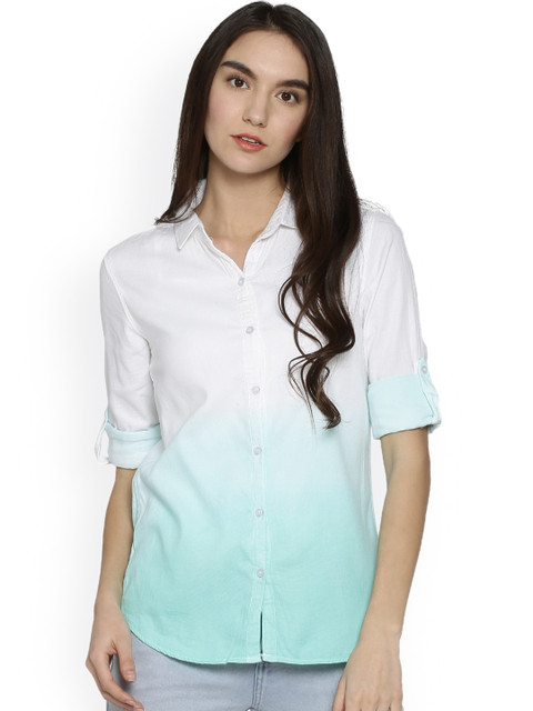 

Campus Sutra Women White & Turquoise Blue Regular Fit Solid Casual Shirt