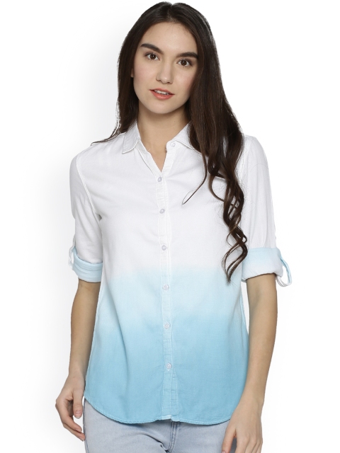 

Campus Sutra Women White & Turquoise Blue Regular Fit Solid Casual Shirt