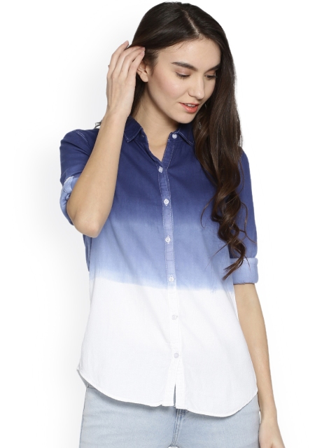 

Campus Sutra Women Blue & White Regular Fit Faded Casual Shirt