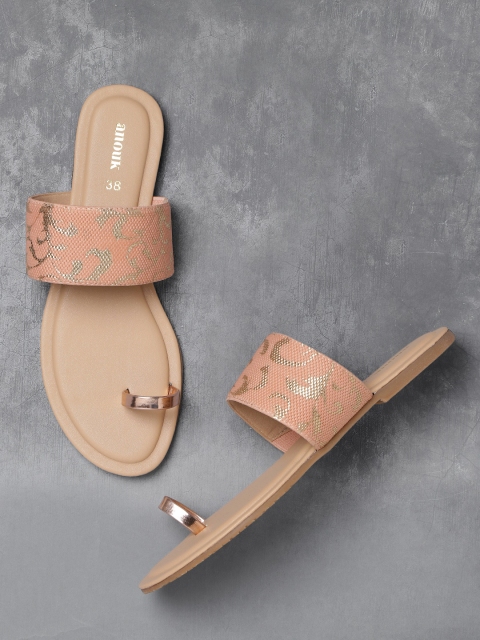 

Anouk Women Peach-Coloured & Golden Printed One Toe Flats