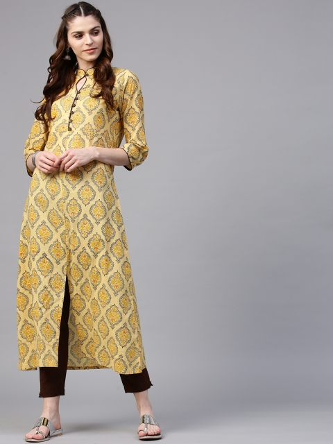 

Jaipur Kurti Women Yellow & Brown Printed Kurta with Trousers