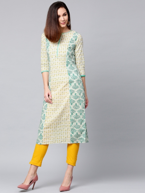

Jaipur Kurti Women Off-White & Yellow Printed Kurta with Trousers