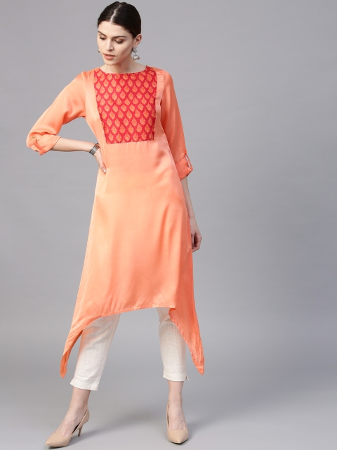 

Jaipur Kurti Women Peach-Coloured & White Printed Detail Kurta with Trousers