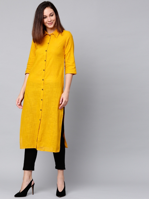 

Jaipur Kurti Women Mustard Yellow & Black Solid Kurta with Trousers