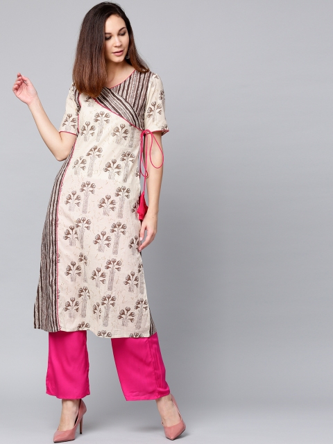 

Jaipur Kurti Women Beige & Pink Printed Angrakha A-Line Kurta with Palazzos