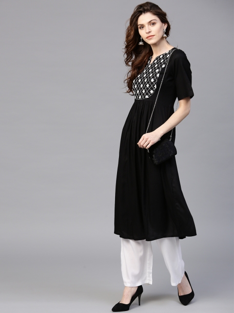 

Jaipur Kurti Women Black & White Embroidered Detail Kurta with Palazzos