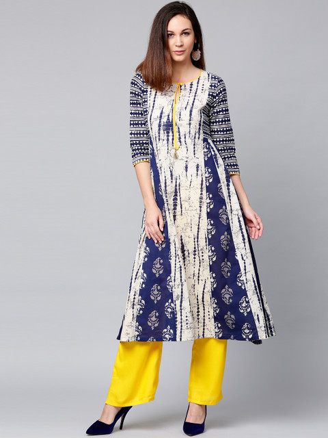 

Jaipur Kurti Women Navy Blue & Yellow Printed A-Line Kurta with Palazzos