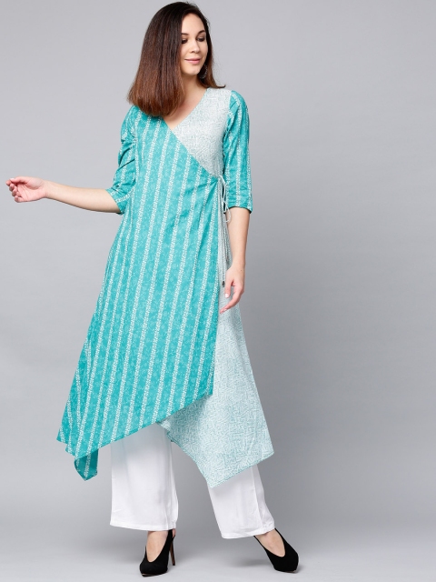 

Jaipur Kurti Women Sea Green & White Printed Angrakha A-Line Kurta with Palazzos