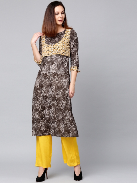 

Jaipur Kurti Women Taupe & Yellow Printed Kurta with Palazzos