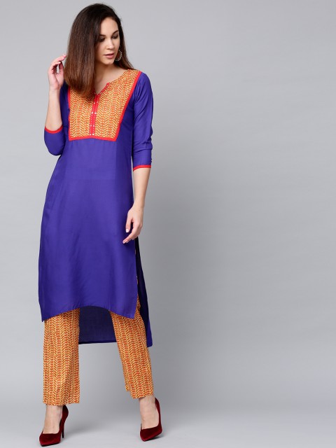 

Jaipur Kurti Women Blue & Orange Yoke Design Kurta with Trousers