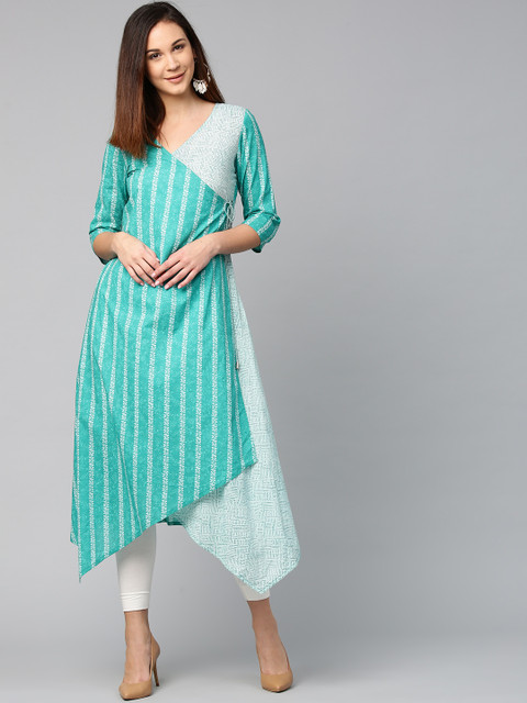 

Jaipur Kurti Women Sea Green & Off-White Printed Angrakha A-Line Kurta