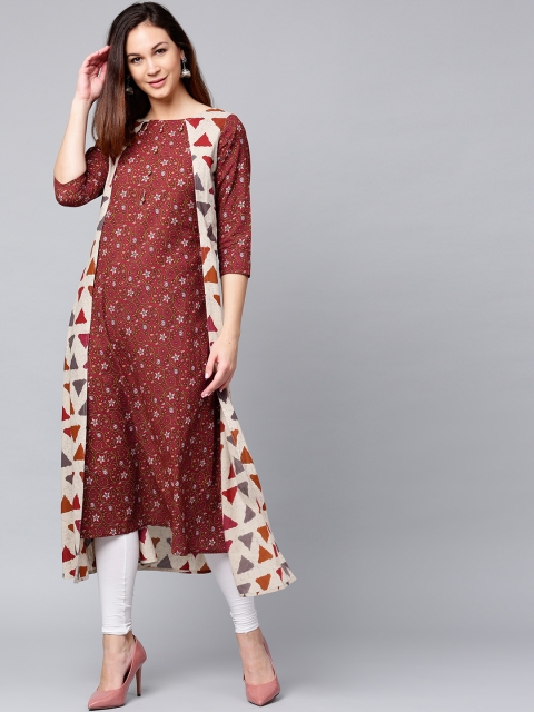 

Jaipur Kurti Women Maroon Printed Layered A-Line Kurta