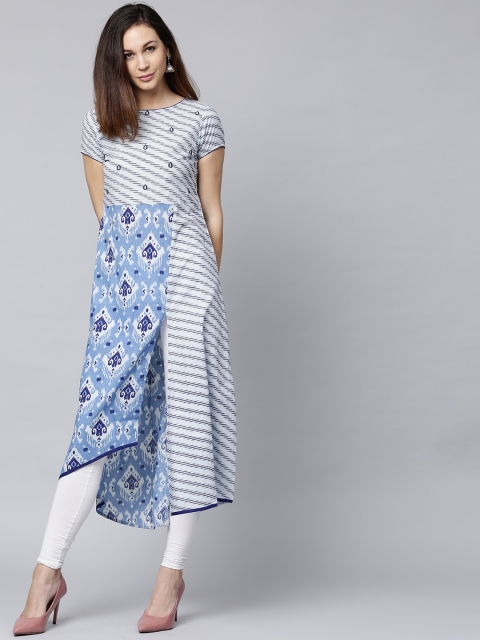 

Jaipur Kurti Women Blue & White Striped Asymmetric A-Line Kurta
