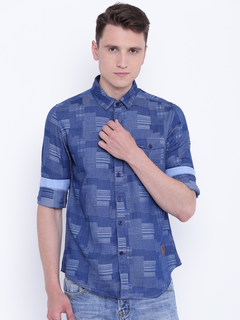 

CAMLA Men Blue Slim Fit Self-Design Casual Shirt