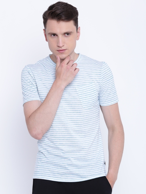 

CAMLA Men Green & White Striped Round Neck T-shirt