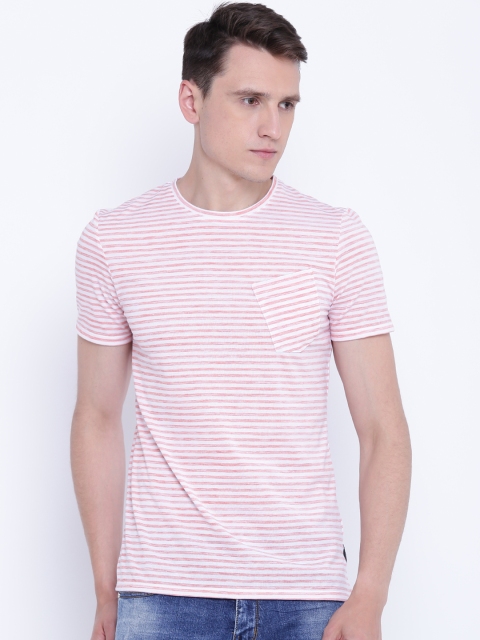 

CAMLA Men Orange & White Striped Round Neck T-shirt