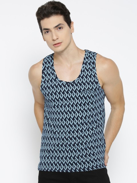 

CAMLA Men Blue Printed Scoop Neck Sleeveless T-shirt