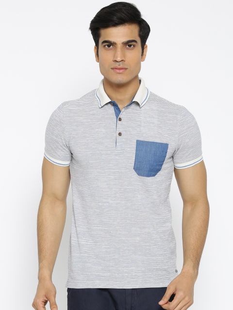 

CAMLA Men Off-White & Blue Self-Striped Polo Collar T-shirt