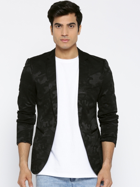 

CAMLA Black Camouflage Pattern Regular Fit Single-Breasted Casual Blazer