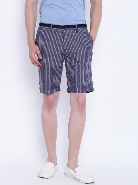 

CAMLA Men Navy Blue & Peach-Coloured Striped Regular Fit Shorts