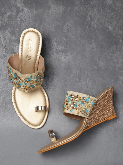 

Anouk Women Beige & Gold-Toned Embroidered Wedges with Stone-Studded Detail