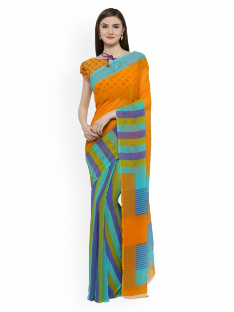 

Shaily Orange & Blue Pure Georgette Printed Saree