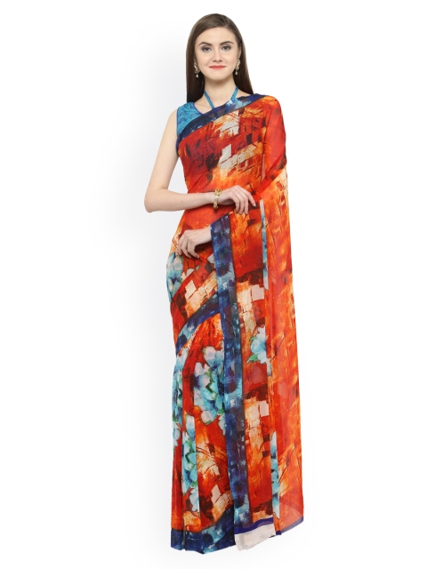 

Shaily Blue & Orange Pure Georgette Printed Saree