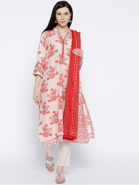 

Biba Women Off-White & Red Printed Layered Kurta with Trousers & Dupatta