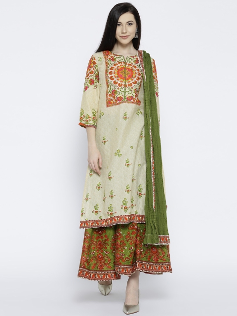 

Biba Women Beige & Green Printed Kurta with Palazzos & Dupatta