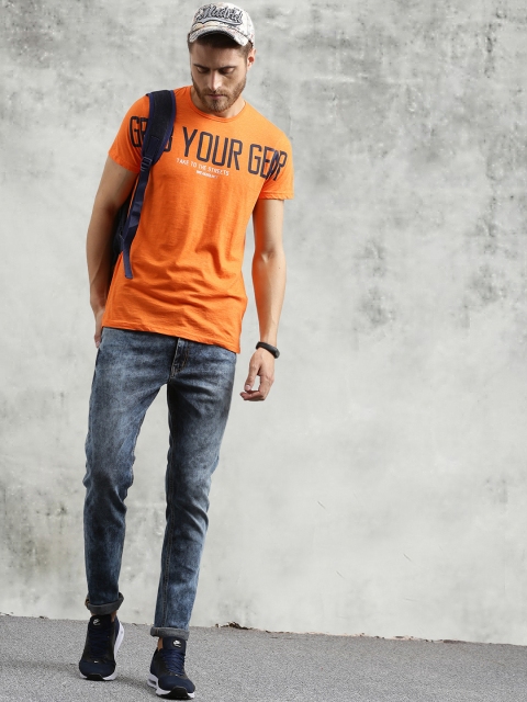 

Breakbounce Men Orange Printed Round Neck T-shirt