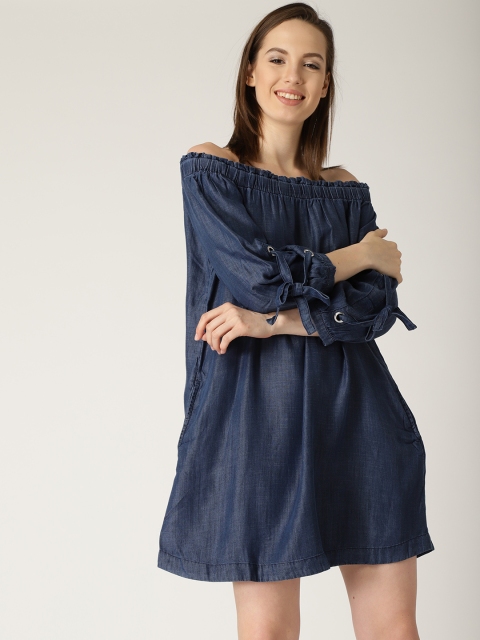 

ESPRIT Women Navy Blue Solid Off-Shoulder Denim A-Line Dress