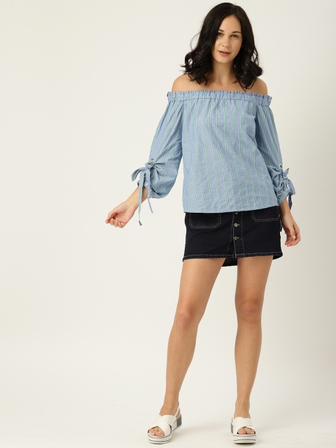 

ESPRIT Women Blue & Green Striped Bardot Top