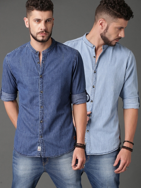 

Roadster Men Pack of 2 Regular Fit Solid Casual Denim Shirts, Blue