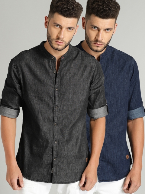 

Roadster Men Pack of 2 Solid Denim Casual Shirts, Blue