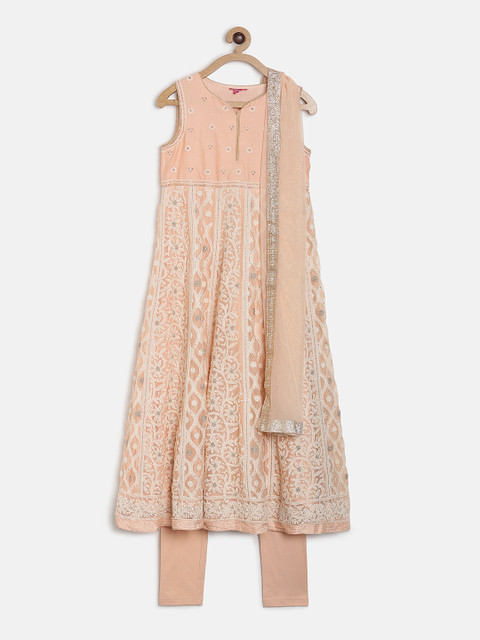 

Biba Girls Peach-Coloured & White Embroidered Kurta with Churidar & Dupatta